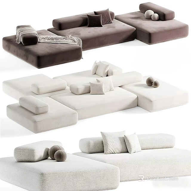 Modern Modular Sectional Sofa In Beige And Brown With Soft Cushions And Throw Pillows 3d model 