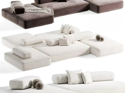 Modern Modular Sectional Sofa In Beige And Brown With Soft Cushions And Throw Pillows 3d model