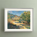 Beautiful Landscape Painting With Cliff Green Vegetation Houses Seascape Distant Boats Beach And Waves