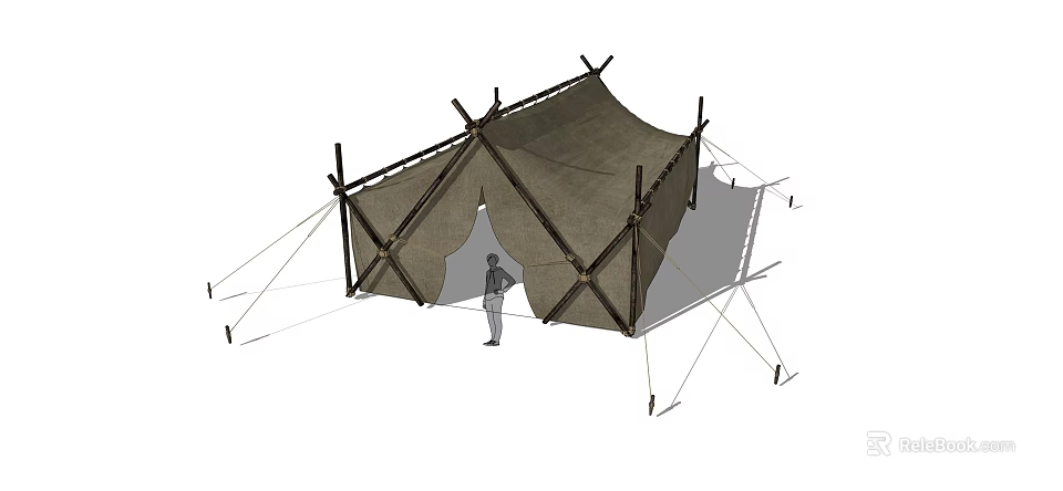 Traditional Outdoor Canvas Camping Tent With Wooden Pole Support And Entrance 3d model 