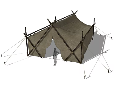 Traditional Outdoor Canvas Camping Tent With Wooden Pole Support And Entrance 3d model