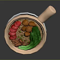 Delicious Clay Pot Rice with Tomato Slices Meatballs Green Vegetables and Meat