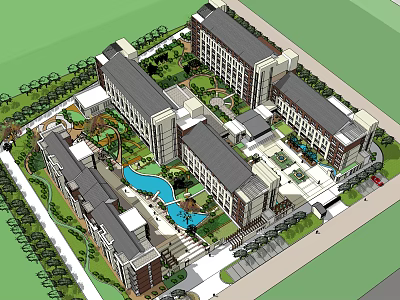 Modern Architecture Complex With Central Swimming Pool And Green Courtyard Spaces 3d model