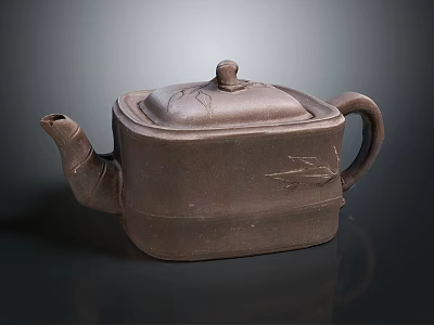 Traditional Purple Clay Teapot with Square Body Bamboo Design and Leaf Carving for Tea Lovers 3d model