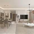 Modern Living And Dining Room Interior With White Sofa Round Coffee Table And Chandelier