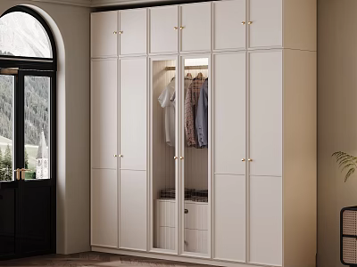 Modern White Wardrobe Interior Design With Gold Handles Glass Door And Hanging Clothes 3d model