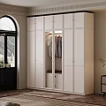 Modern White Wardrobe Interior Design With Gold Handles Glass Door And Hanging Clothes