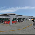 Covered Parking Lot with Parked Cars Yellow Lines and People Walking Under Blue Sky