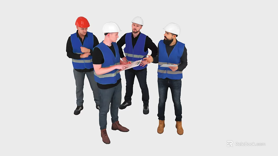 Construction Workers In Safety Vests And Hard Hats Discussing Plans Together 3d model 
