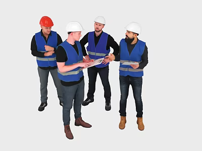 Construction Workers In Safety Vests And Hard Hats Discussing Plans Together 3d model