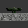 Decorative Square Fountain with Ornate Carved Base Circular Green Water Basin and Gray Stone Pedestal
