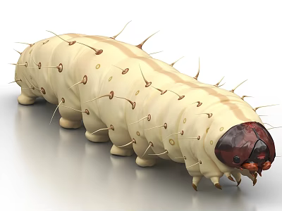 Detailed View Of White Reptile Larva With Brown Head And Spiky Body 3d model