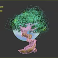 Decorative Tree with Curved Trunk and Green Leaves Yellow Leaf Accents Against Blue Circular Background