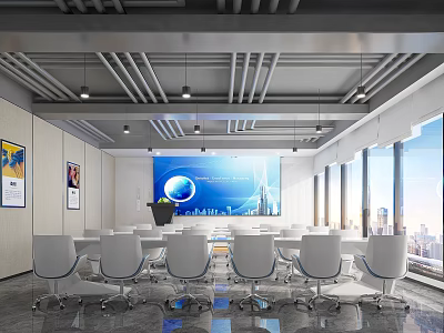Modern Conference Room With Large Blue Screen Long Table White Chairs And City View Windows 3d model