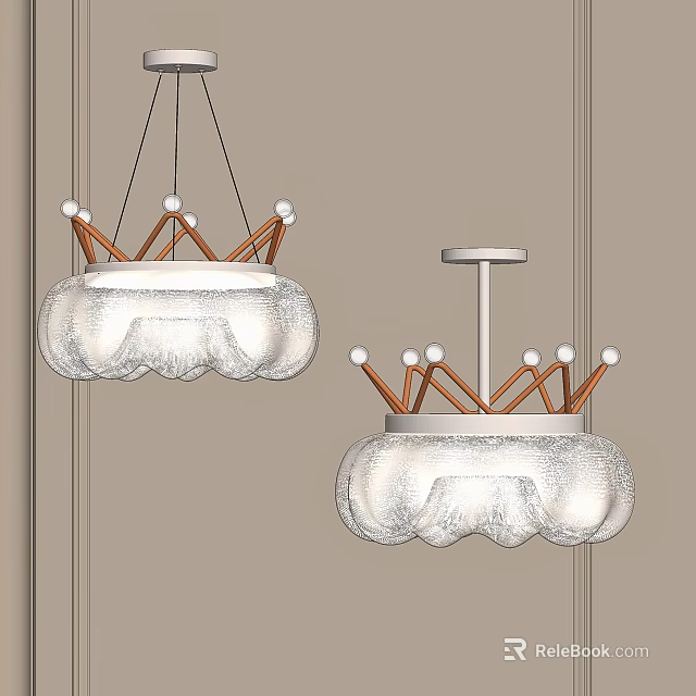 Modern Glass Chandeliers with Crown Shaped Wooden Frame and White Spherical Accents in Interior Design 3d model 