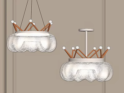 Modern Glass Chandeliers with Crown Shaped Wooden Frame and White Spherical Accents in Interior Design 3d model
