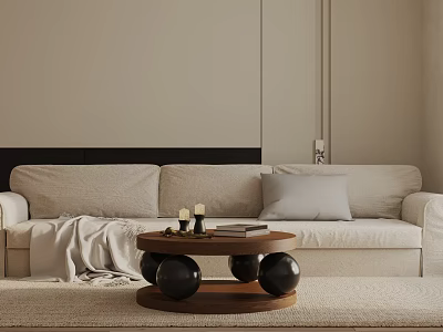 Light Beige Three Seater Sofa With Grey Cushion Blanket And Round Wooden Coffee Table 3d model