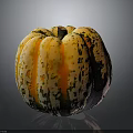 Colorful Striped Spotted Pumpkin With Yellow Orange Black Green Hues On Black Background With Reflection