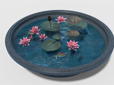 Round Garden Ornament With Pink Lotus Flowers And Lily Pads In Water 3d model
