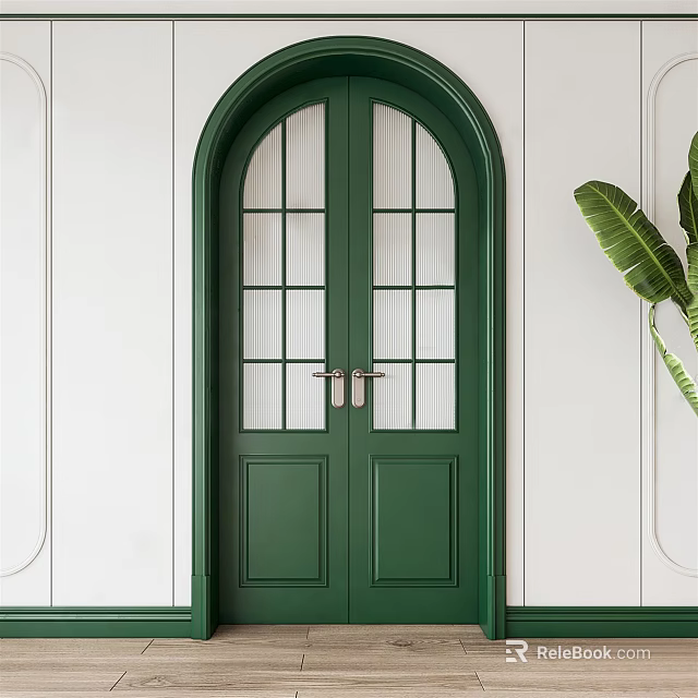 Green Double Doors With Arched Top Glass Panes White Walls And Plant Beside 3d model 