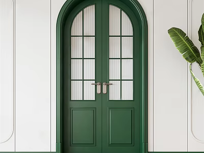 Green Double Doors With Arched Top Glass Panes White Walls And Plant Beside 3d model