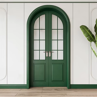 Green Double Doors With Arched Top Glass Panes White Walls And Plant Beside 3d model