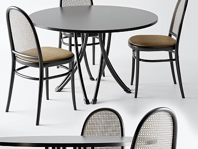 Round Black Metal Frame Dining Set With Woven Back Chairs And Brown Cushions 3d model