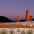 Orange Landscape Wall At Sky Crossing With Purple Sky And Desert Plants