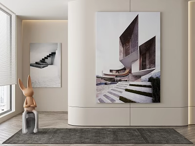 Modern Interior Decor With Architectural Paintings Rabbit Sculpture And Gray Rug 3d model