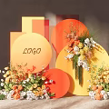 Elegant LOGO Display With Orange Yellow Geometric Forms And Floral Arrangements