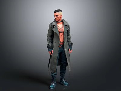 3D Male Character With Short Hair Open Long Coat Leather Vest And Boots 3d model