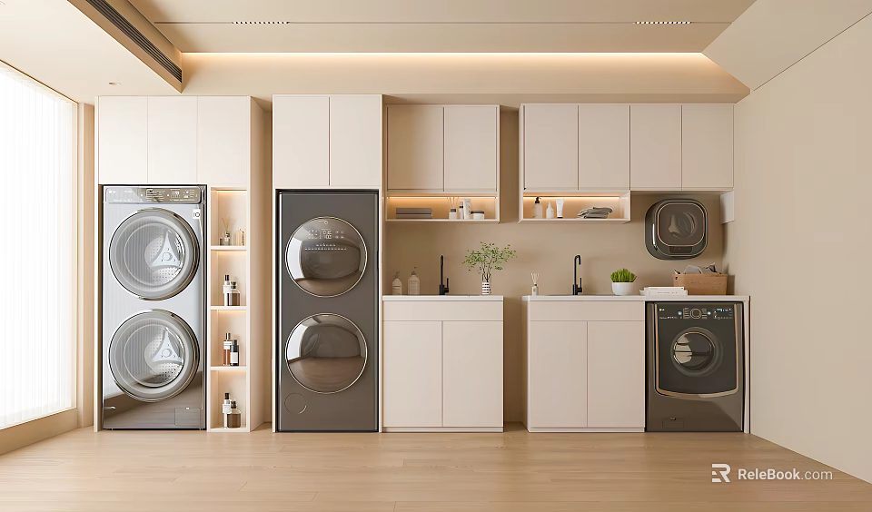 Modern Bathroom Cabinet Rack With Washing Machines Dryer White Cabinets And Countertop Space 3d model 