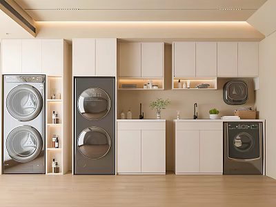 Modern Bathroom Cabinet Rack With Washing Machines Dryer White Cabinets And Countertop Space 3d model