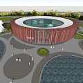 Cultural Center Modern Curved Architecture With Interior Greenery Open Space And Visitors