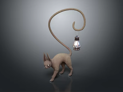 Light Brown Cat Shaped 3D Model With Long Curly Tail Holding Lit Lantern 3d model