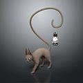 Light Brown Cat Shaped 3D Model With Long Curly Tail Holding Lit Lantern