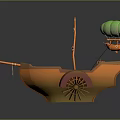 Wooden Boat with Orange Hull White Awning Green Hot Air Balloon and Wooden Wheels