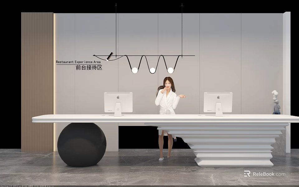 Front Desk Reception Area With White Desk Computers Receptionist Professional Environment Hanging Lights 3d model 