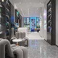 Modern Space With Round Seating Bookshelves Bar Counter Blue Chairs Gray Sofa And White Floor