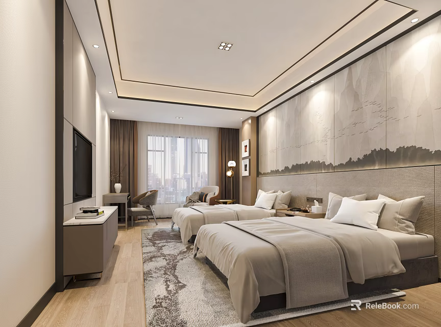 Hotel Guest Room With Twin Beds Elegant Wall Art Large Window And Patterned Area Rug 3d model 
