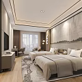 Hotel Guest Room With Twin Beds Elegant Wall Art Large Window And Patterned Area Rug