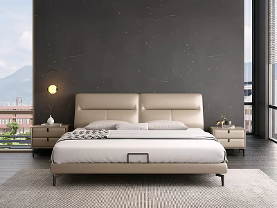 Background Double Bed Featuring Beige Leather Headboard Dark Gray Wall Nightstands And Scenic View 3d model