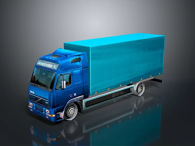 Blue Volvo Commercial Truck With Enclosed Cargo Box On Reflective Surface 3d model