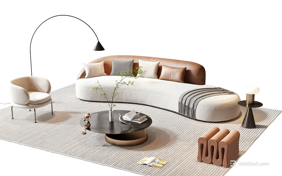 Modern Curved Sofa And Round Coffee Table Set With Brown Pillows And Striped Rug 3d model 