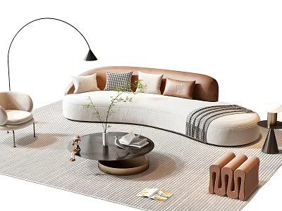 Modern Curved Sofa And Round Coffee Table Set With Brown Pillows And Striped Rug 3d model