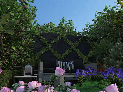 Garden Landscape With Pink Roses Purple Flowers Green Vines Wooden Bench Lantern And Black Trellis 3d model
