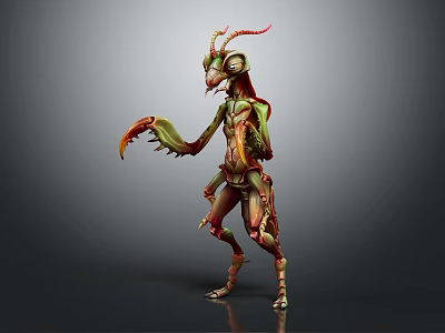 Fantasy Creature Character 3D Model With Green Red Body Horns And Claws 3d model