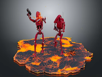 Red Robotic Game Movie Characters With Weapons Standing On Volcanic Lava Ground 3d model