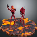 Red Robotic Game Movie Characters With Weapons Standing On Volcanic Lava Ground