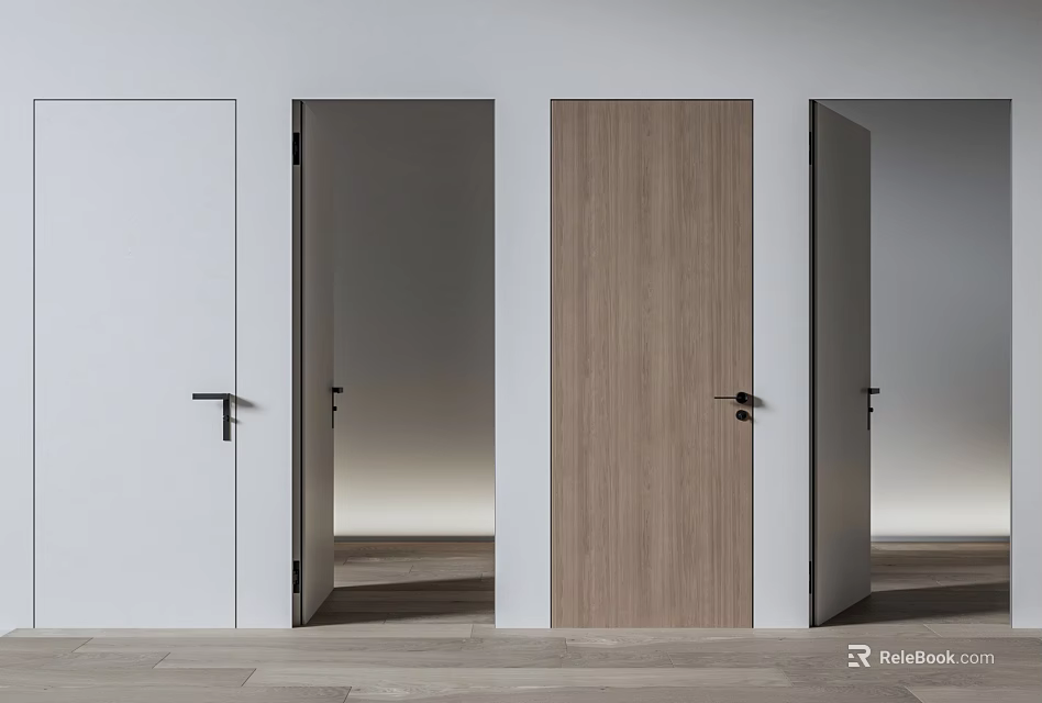 Modern Hinged Doors In White And Wooden Finish For Minimalist Interior Design 3d model 